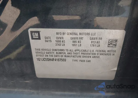 2015 Chevrolet Sonic Lt Auto из США, поврежденный, VIN 1G1JC5SH4F4187569